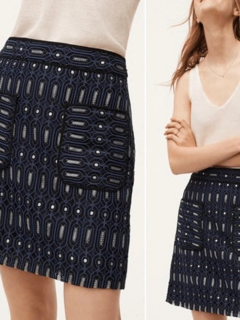 Ann Taylor Loft Sz 4 Petite, Lace Skirt Blue Black Silver, Pockets Geo Circuit